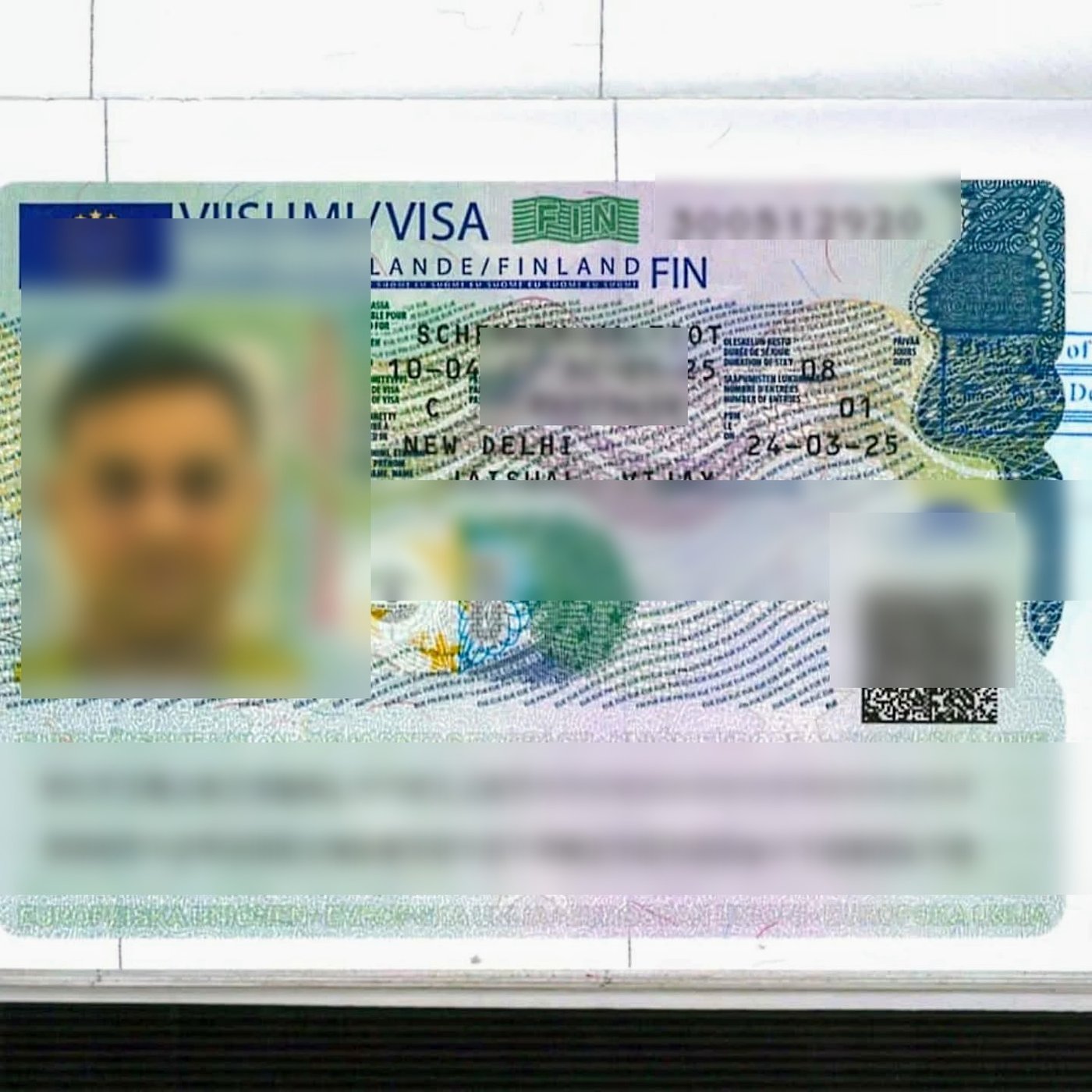 Approved Schengen Visa for Finland, personal details blurred