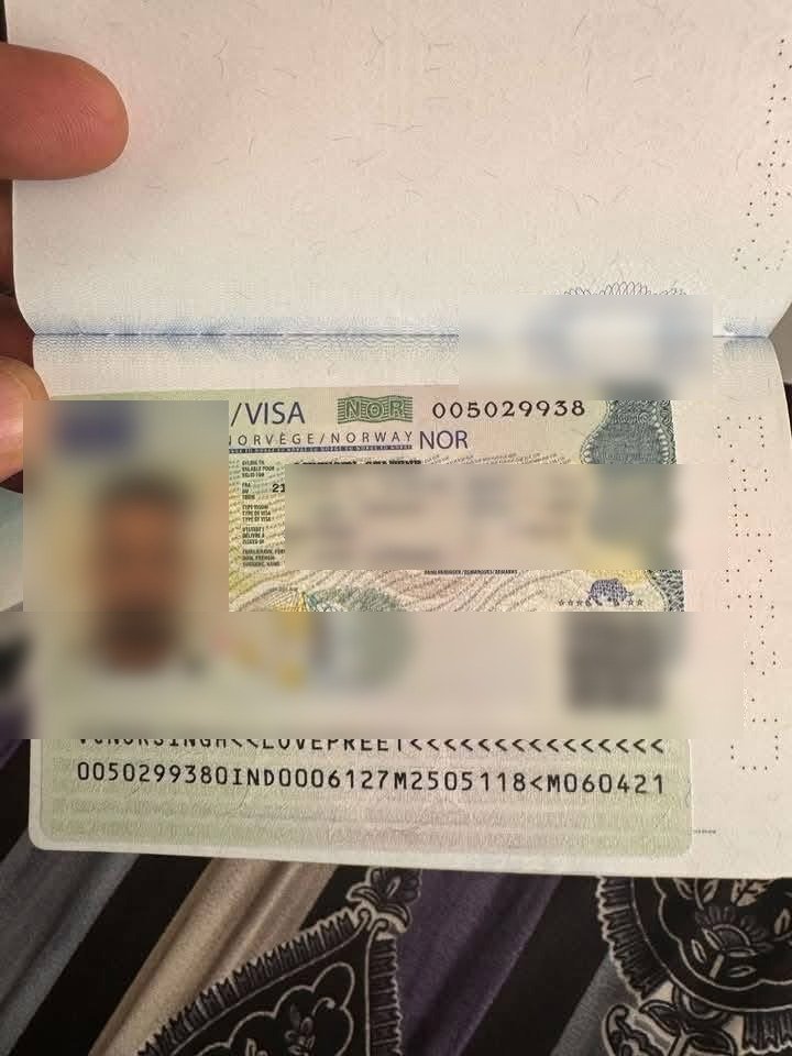 Approved Schengen Visa for Norway, personal details blurred