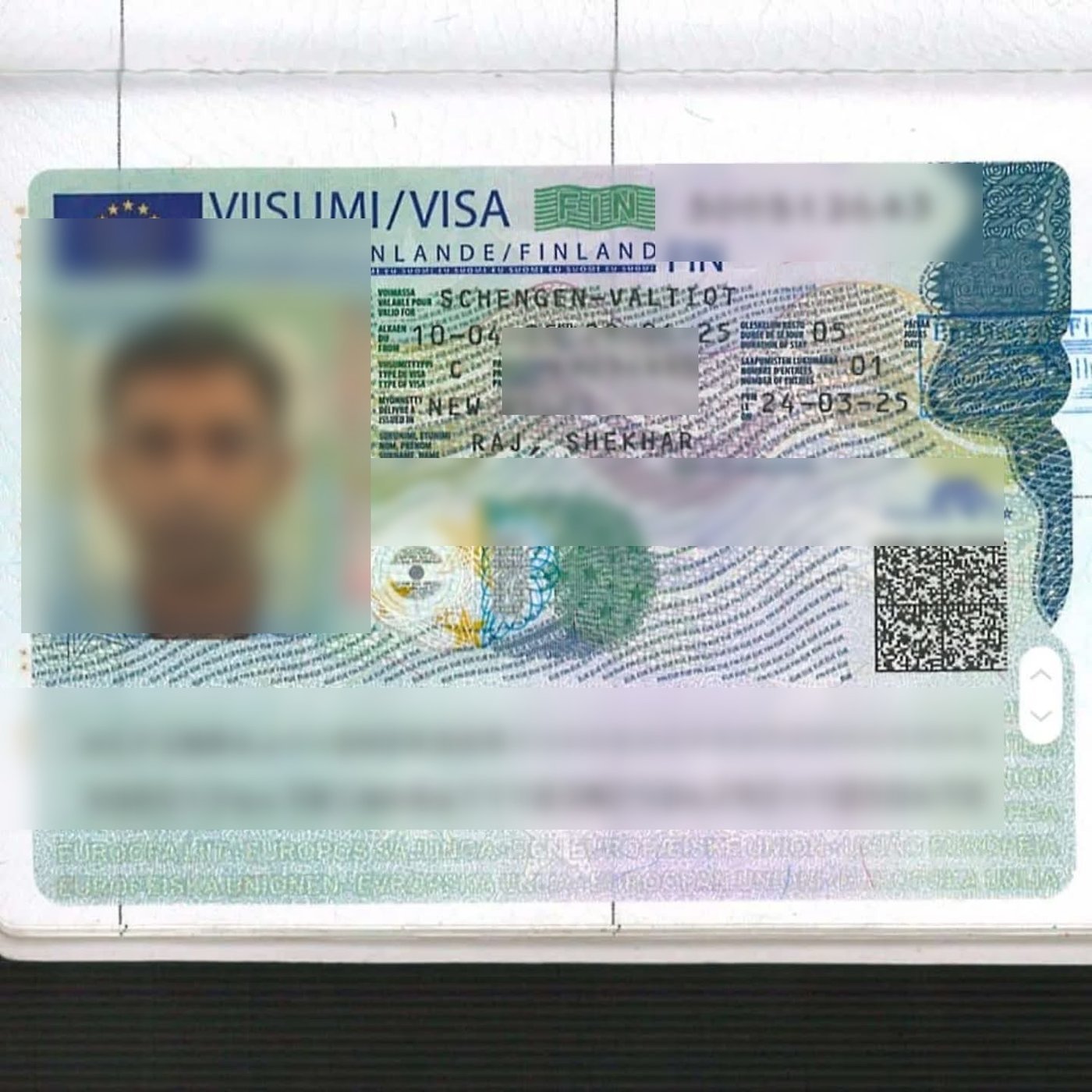 Approved Schengen Visa for Finland, personal details blurred