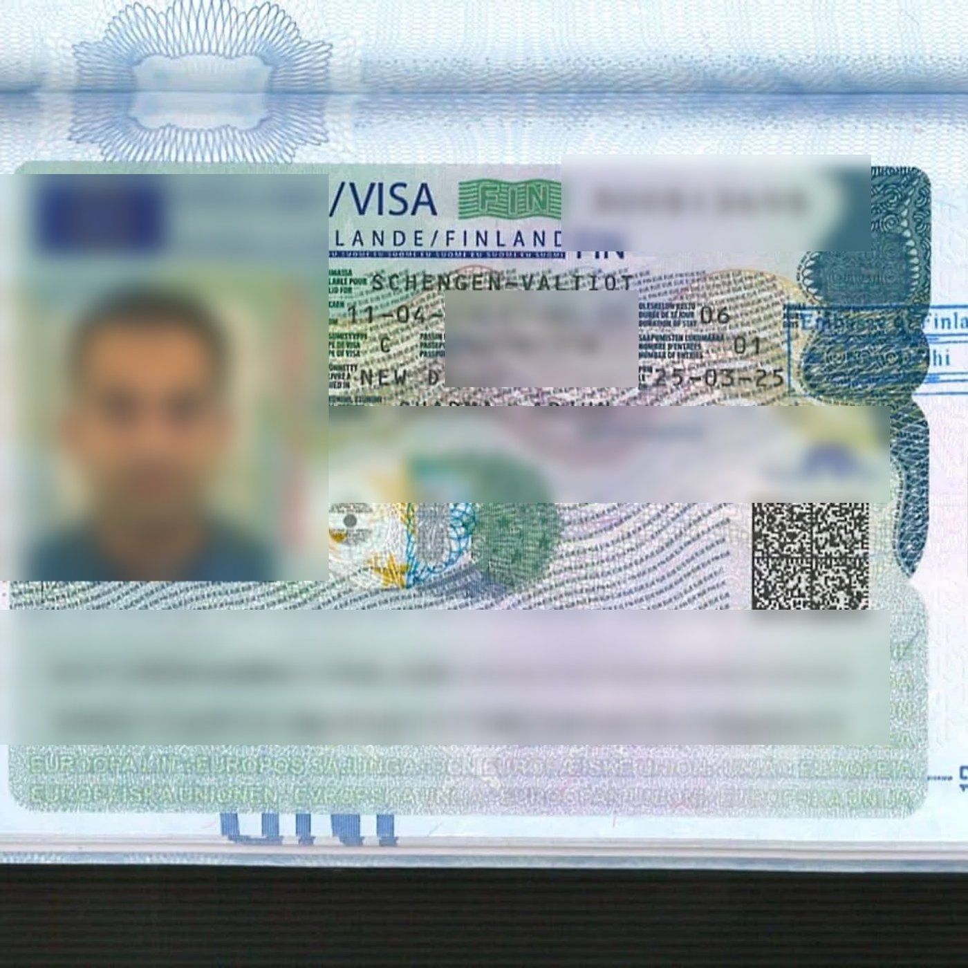 Approved Schengen Visa for Finland, personal details blurred