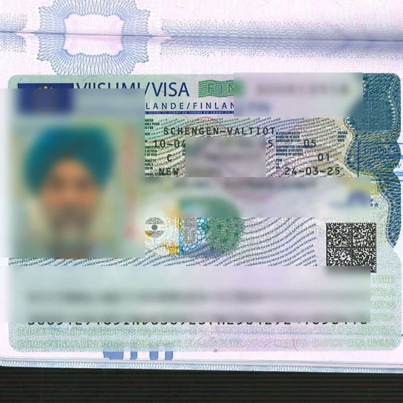 Approved Schengen Visa for Finland, personal details blurred