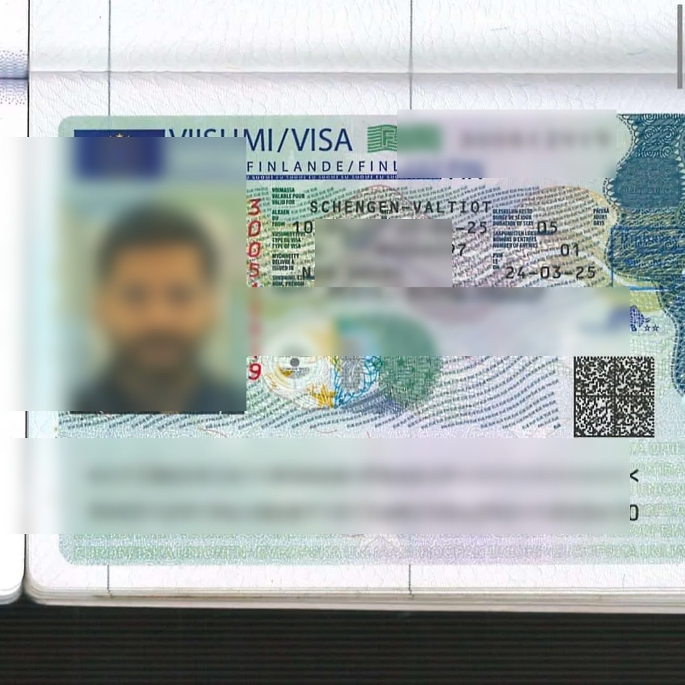 Approved Schengen Visa for Finland, personal details blurred